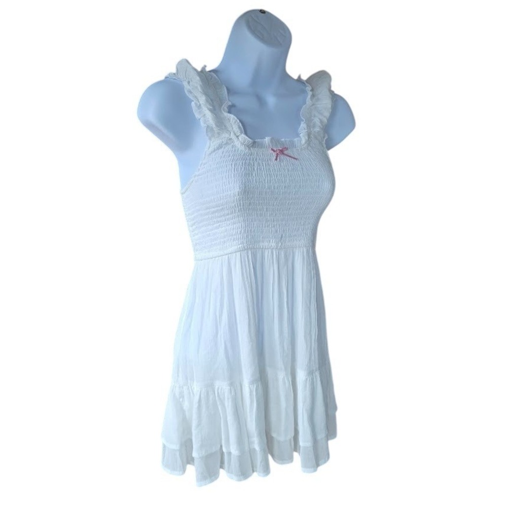 Love Tree White Mini Sun Dress Women S Smocked Ruffle Bow Cottagecore Coquette - Picture 2 of 12